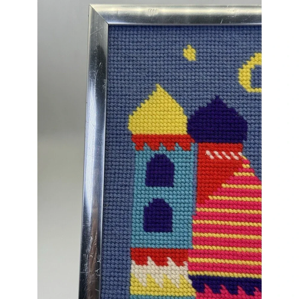 Vintage Framed Needlepoint Arabian Cityscape Wall Art Colorful  Scene 10x12